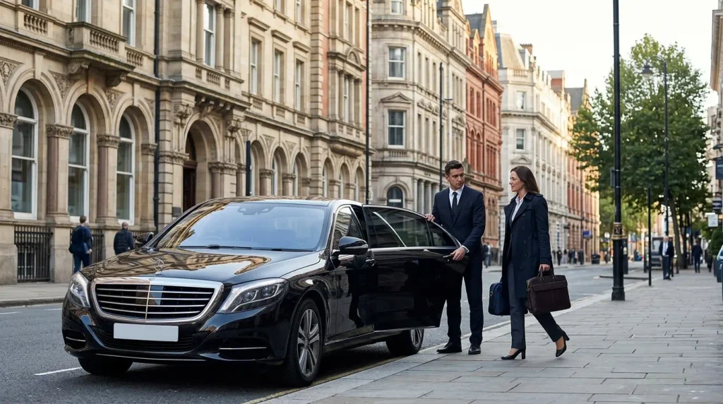 A business traveller steps out of a Mercedes-Benz S-Class on Colmore Row after a Bristol Airport transfer