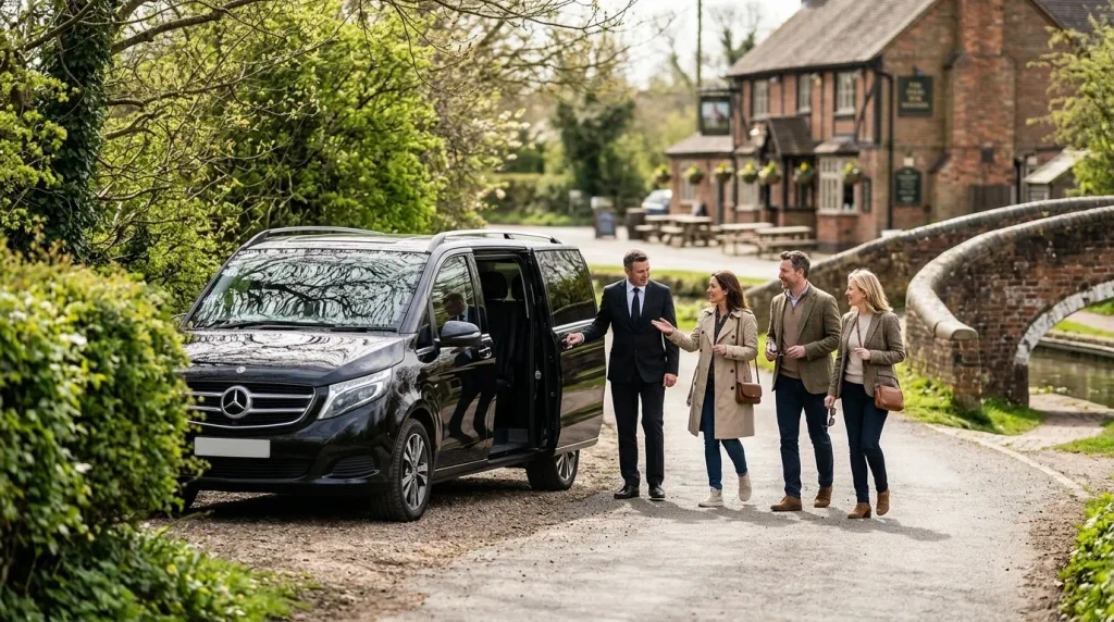 Sunday Roast in Warwickshire Chauffeur Service: Let a Chauffeur Drive 1 Mercedes-Benz V-Class arriving at a country pub near the canal in Lapworth, Warwickshire