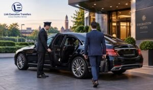 Mercedes-Benz S-Class chauffeur collecting a business guest from an Edgbaston hotel in Birmingham