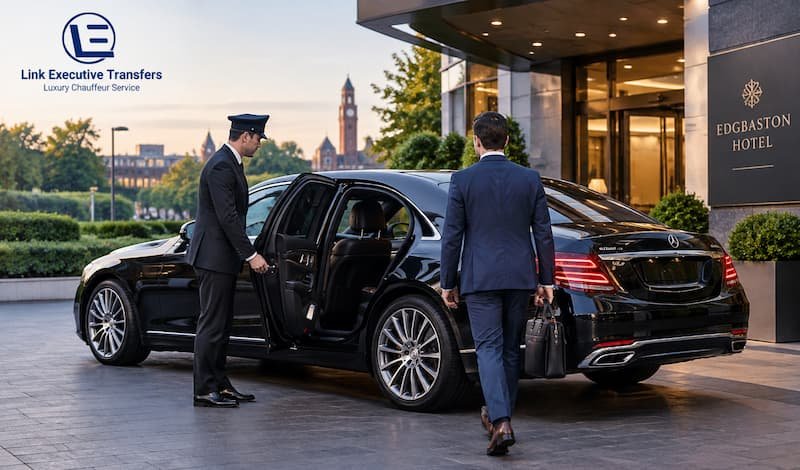 Mercedes-Benz S-Class chauffeur collecting a business guest from an Edgbaston hotel in Birmingham