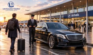 Mercedes-Benz S-Class chauffeur waiting at Birmingham Airport arrivals Delayed Flight Chauffeur Booking