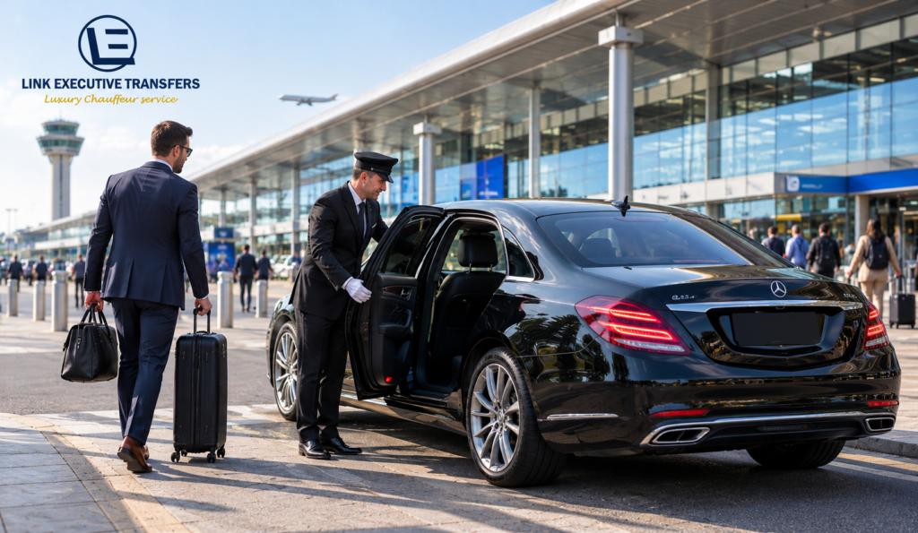 How Many UK Airports Can Link Executive Transfers Reach? 3 Mercedes-Benz S-Class chauffeur meeting a traveller at Birmingham How Many UK Airports