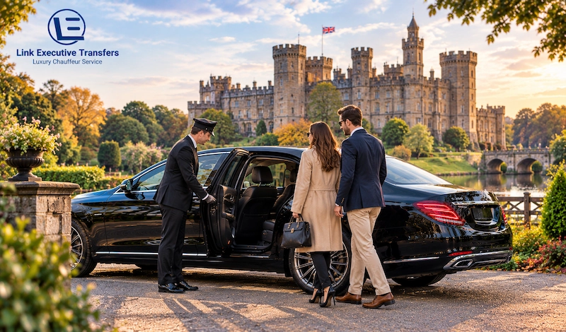 Best Castles Near Birmingham for Luxury Chauffeur Trips 7 Black Mercedes-Benz S-Class with a private chauffeur outside a historic castle near Birmingham, featuring Link Executive Transfers branding.