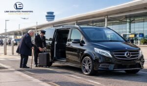 Mercedes-Benz V-Class chauffeur helping an older passenger at Birmingham Airport Special Assistance