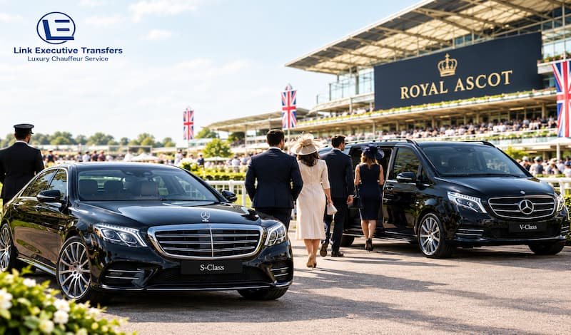 Mercedes-Benz S-Class and V-Class chauffeur service for group travel to Royal Ascot.