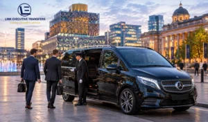 Mercedes-Benz Jet-Class chauffeur collecting executives in Centenary Square, Top 10 Premium Chauffeur Services in Birmingham and London