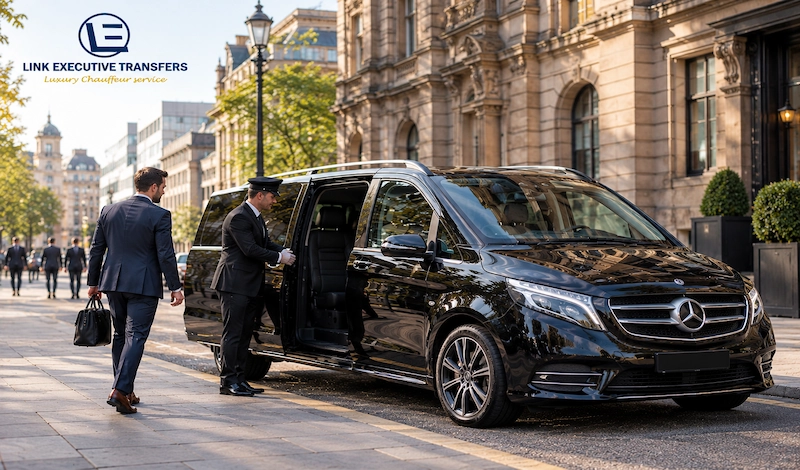Best Chauffeur Companies in Birmingham and London for Corporate and Airport Transfers 1 Mercedes-Benz S-Class chauffeur car on Colmore Row, Best Chauffeur Companies in Birmingham and London