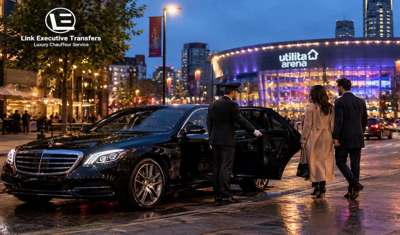 Mercedes-Benz S-Class chauffeur collecting concert guests near Utilita Arena in Birmingham