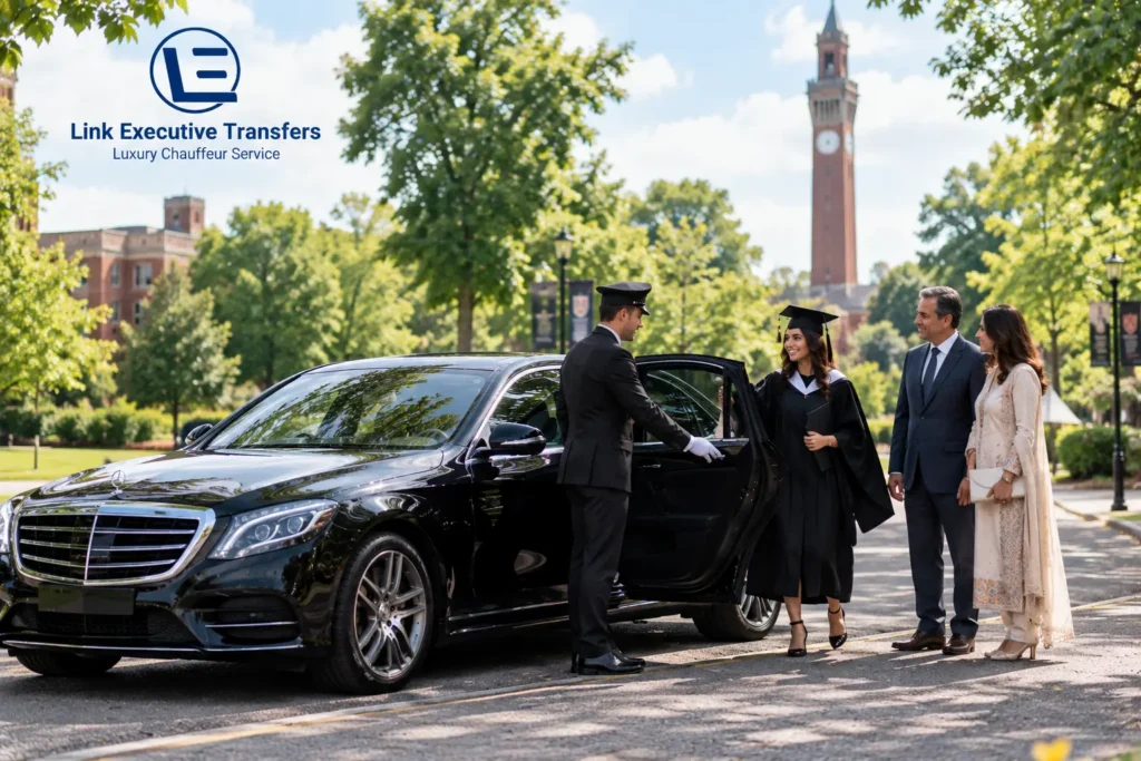 Mercedes-Benz S-Class chauffeur collecting a graduate and family at the University of Birmingham campusBirmingham Graduation Day Chauffeur Service