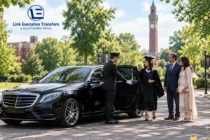Mercedes-Benz S-Class chauffeur collecting a graduate and family at the University of Birmingham campusBirmingham Graduation Day Chauffeur Service