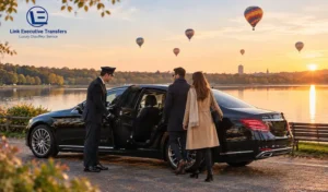 Mercedes-Benz S-Class chauffeur with guests at sunrise beside Edgbaston Reservoir with hot air balloons overhead Birmingham Hot Air Balloon Experiences