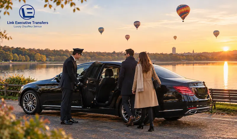 Birmingham Hot Air Balloon Experiences With Chauffeur Transfers 10 Mercedes-Benz S-Class chauffeur with guests at sunrise beside Edgbaston Reservoir with hot air balloons overhead Birmingham Hot Air Balloon Experiences