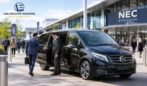 Mercedes-Benz V-Class chauffeur car at the NEC Birmingham entrance