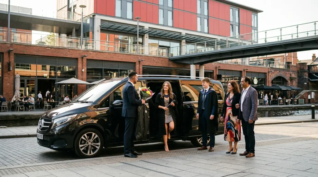 Mercedes-Benz Jet-Class dropping graduation guests for a celebration meal at The Mailbox in Birmingham