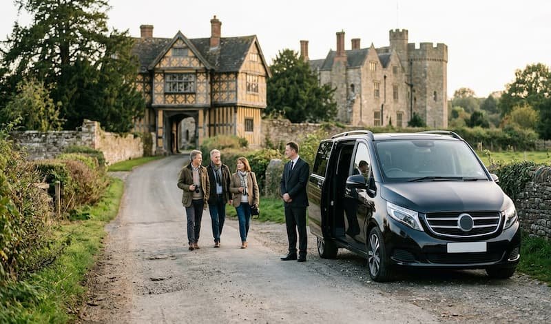 Best Castles Near Birmingham for Luxury Chauffeur Trips 3 Mercedes-Benz V-Class waiting for guests at Stokesay Castle in Shropshire