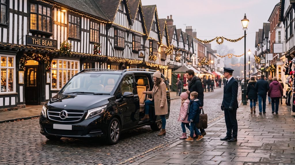 West Midlands Christmas Markets by Chauffeur Service 2 Mercedes-Benz Jet-Class chauffeur dropping a family in Stratford-upon-Avon for the Christmas market