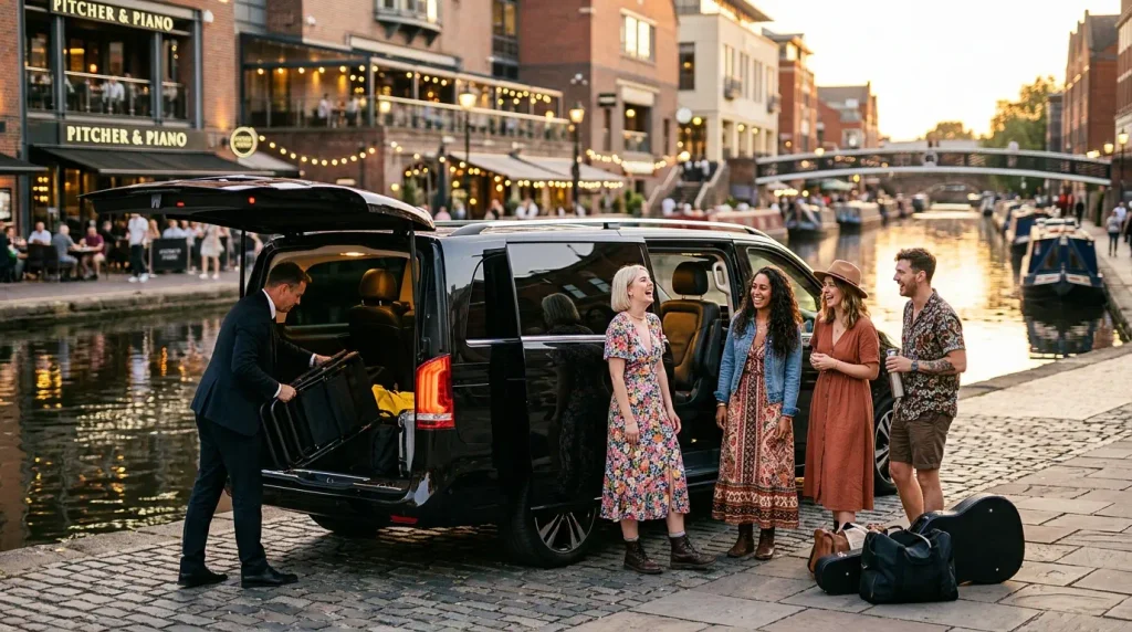 Midlands Festival Travel: Private Chauffeur Service Options for Comfortable Arrivals 2 Mercedes-Benz Jet-Class group transfer for festival guests at Brindleyplace in Birmingham