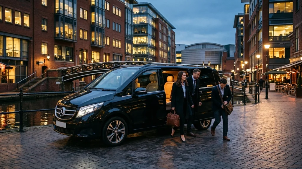 Best Chauffeur Companies in Birmingham and London for Corporate and Airport Transfers 2 Mercedes-Benz Jet-Class corporate chauffeur transfer at Brindleyplace, Birmingham