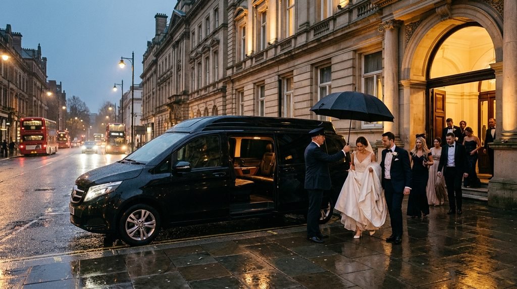 Best Wedding Venues in Birmingham for Luxury Chauffeur Arrivals 3 Mercedes-Benz Jet-Class arriving with a wedding party on Colmore Row in Birmingham